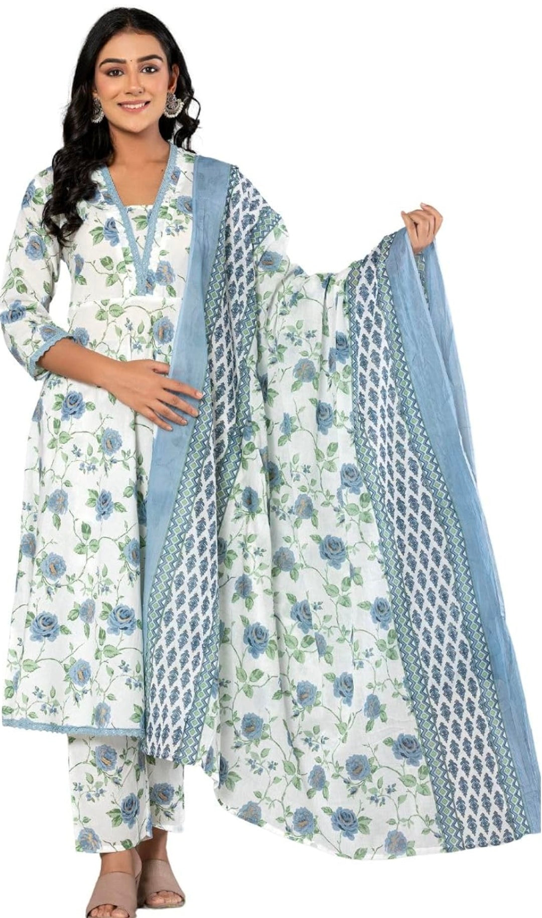 Amayra Women's Cotton Printed Anarkali Kurta with Palazzo Pants and Dupatta
