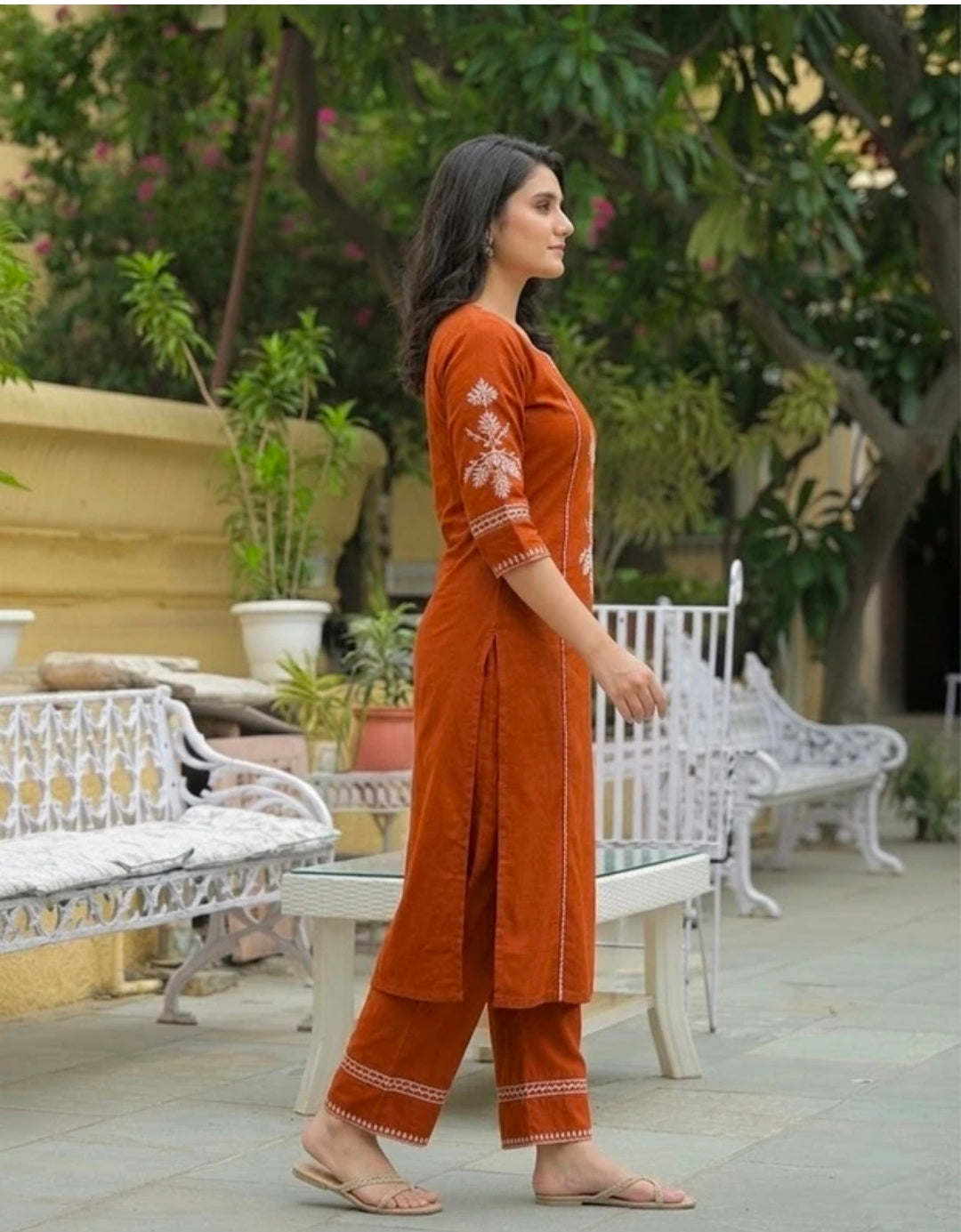 Women's White Khadi Cotton A-Line Kurti Palazzo set