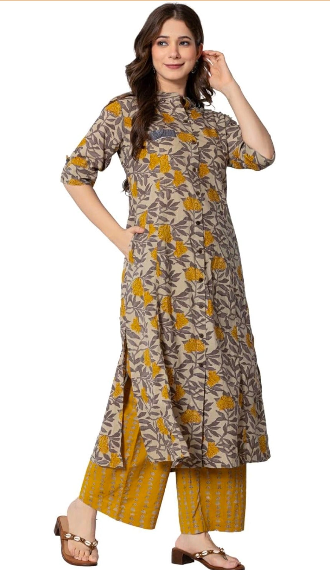 Women Cotton Printed A-Line Kurta and Palazzo Pant Set