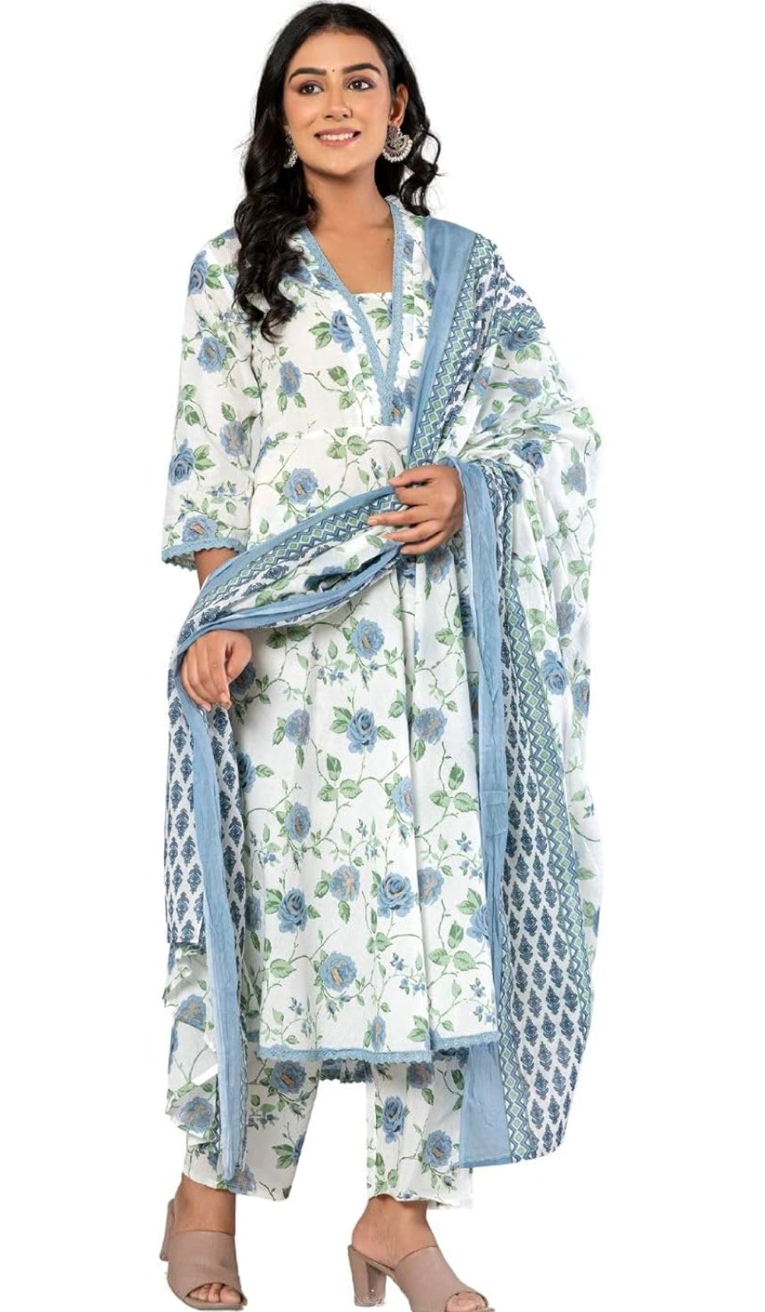 Amayra Women's Cotton Printed Anarkali Kurta with Palazzo Pants and Dupatta