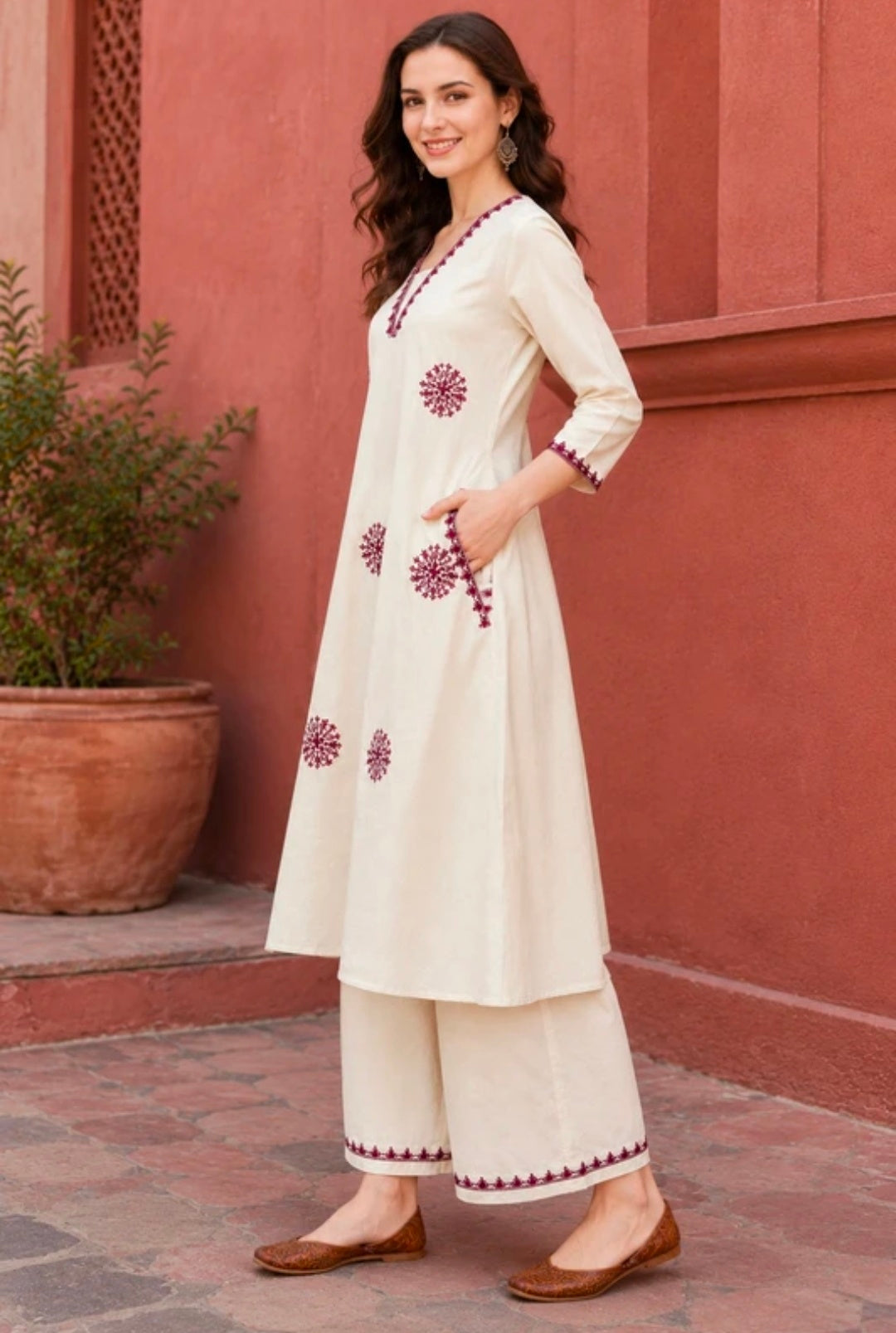 Women's Pure Cotton A-Line Kurta Palazzo Pant Set | Embroidered Ethnic Motifs Style