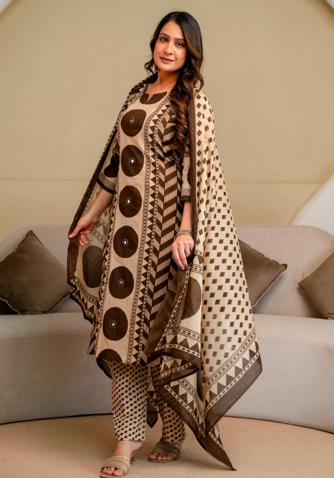 Berrylicious Women Cotton Geometric Printed Straight Kurta Set with Mirror Embroidery & Dupatta