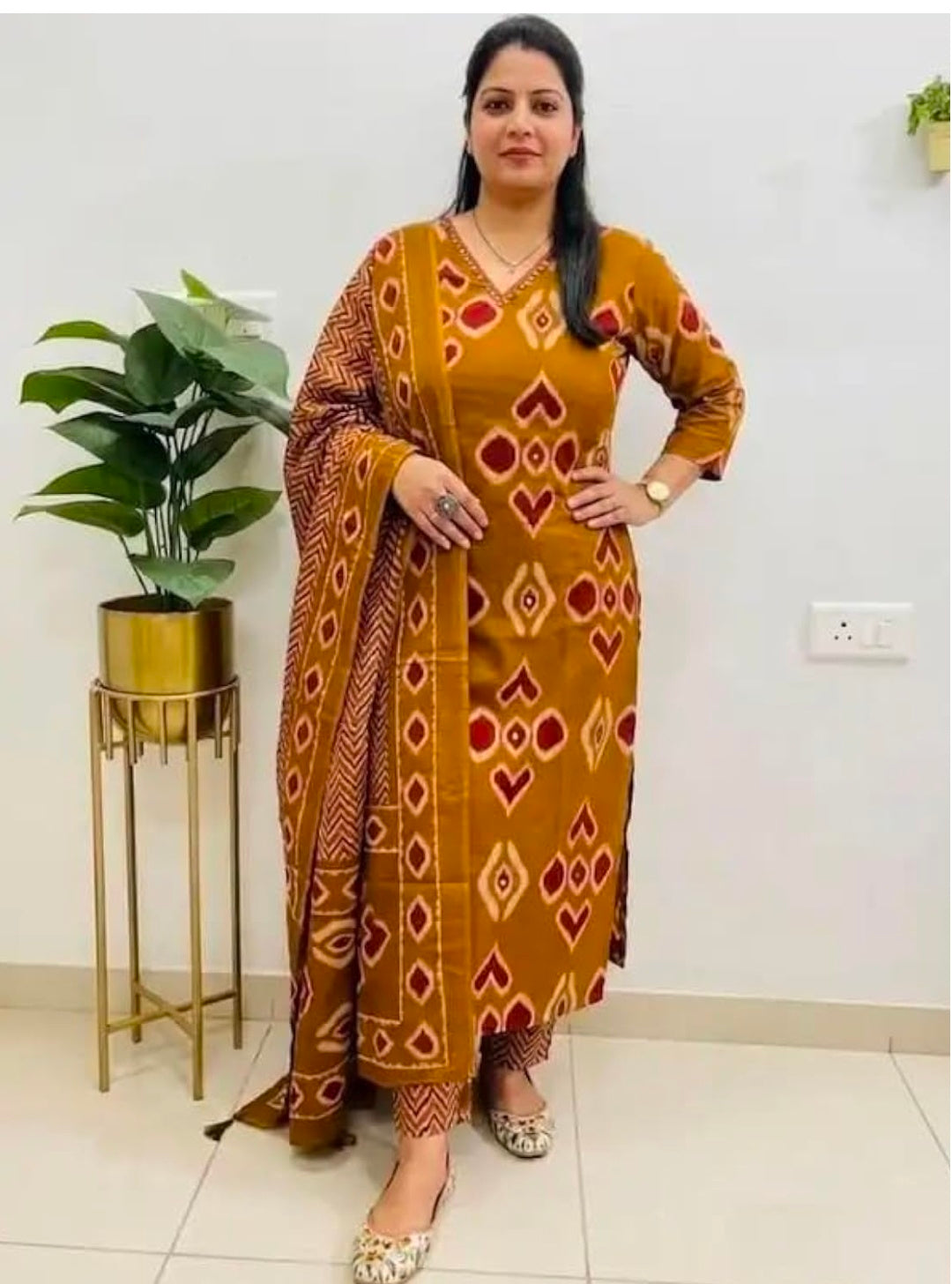 Women's Mustard Ikat Print Kurta with Pant and Dupatta Set