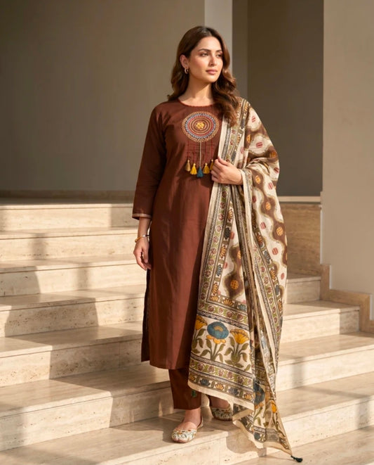 Women's Pure Cotton Straight Kurta Pant Dupatta Set | Ajrakh Embroidered Style