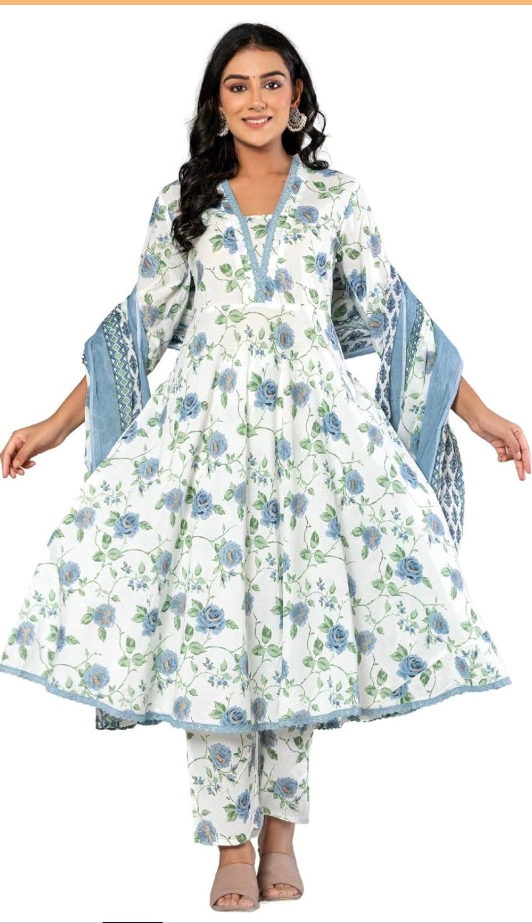 Amayra Women's Cotton Printed Anarkali Kurta with Palazzo Pants and Dupatta