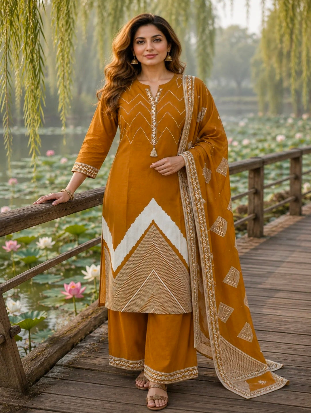 Berrylicious Women Pure Cotton  Printed & Hand Embroidered Kurta with palazzo & Dupatta