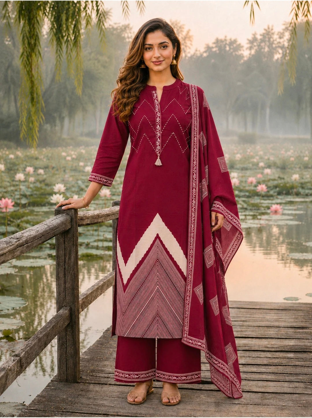 Berrylicious Women Pure Cotton  Printed & Hand Embroidered Kurta with palazzo & Dupatta