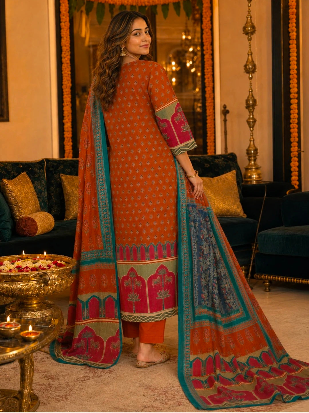 Berrylicious Women Cotton Printed & Bead Embroidered Kurta With Pant & Dupatta