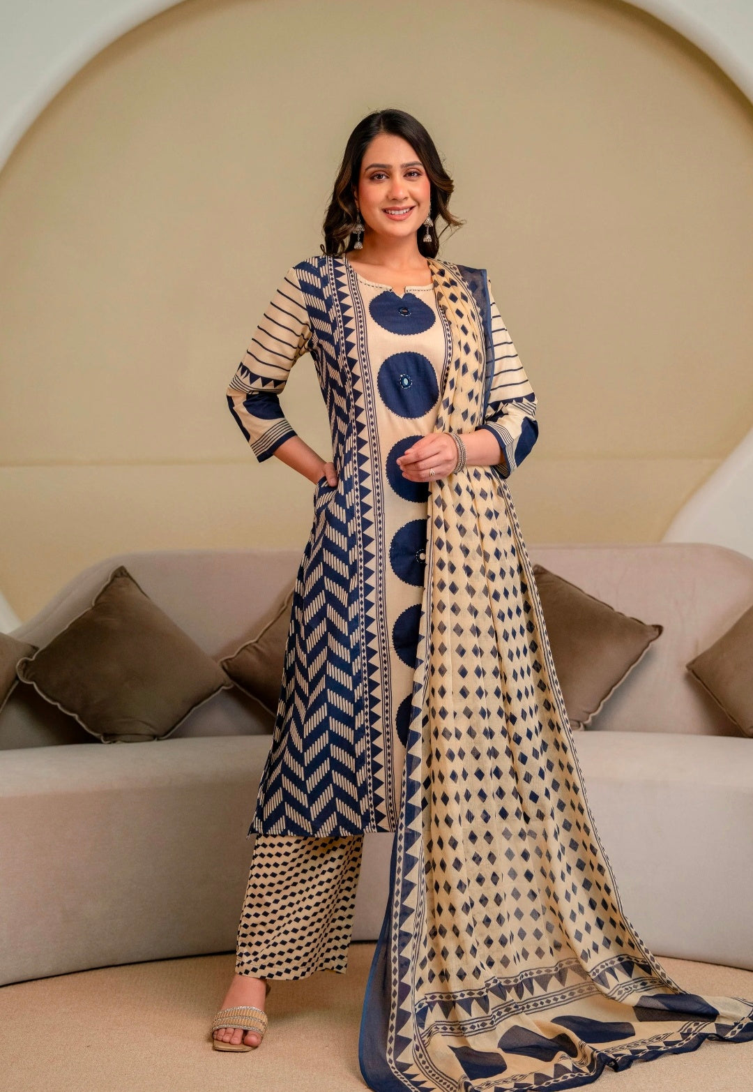 Berrylicious Women Cotton Geometric Printed Straight Kurta Set with Mirror Embroidery & Dupatta