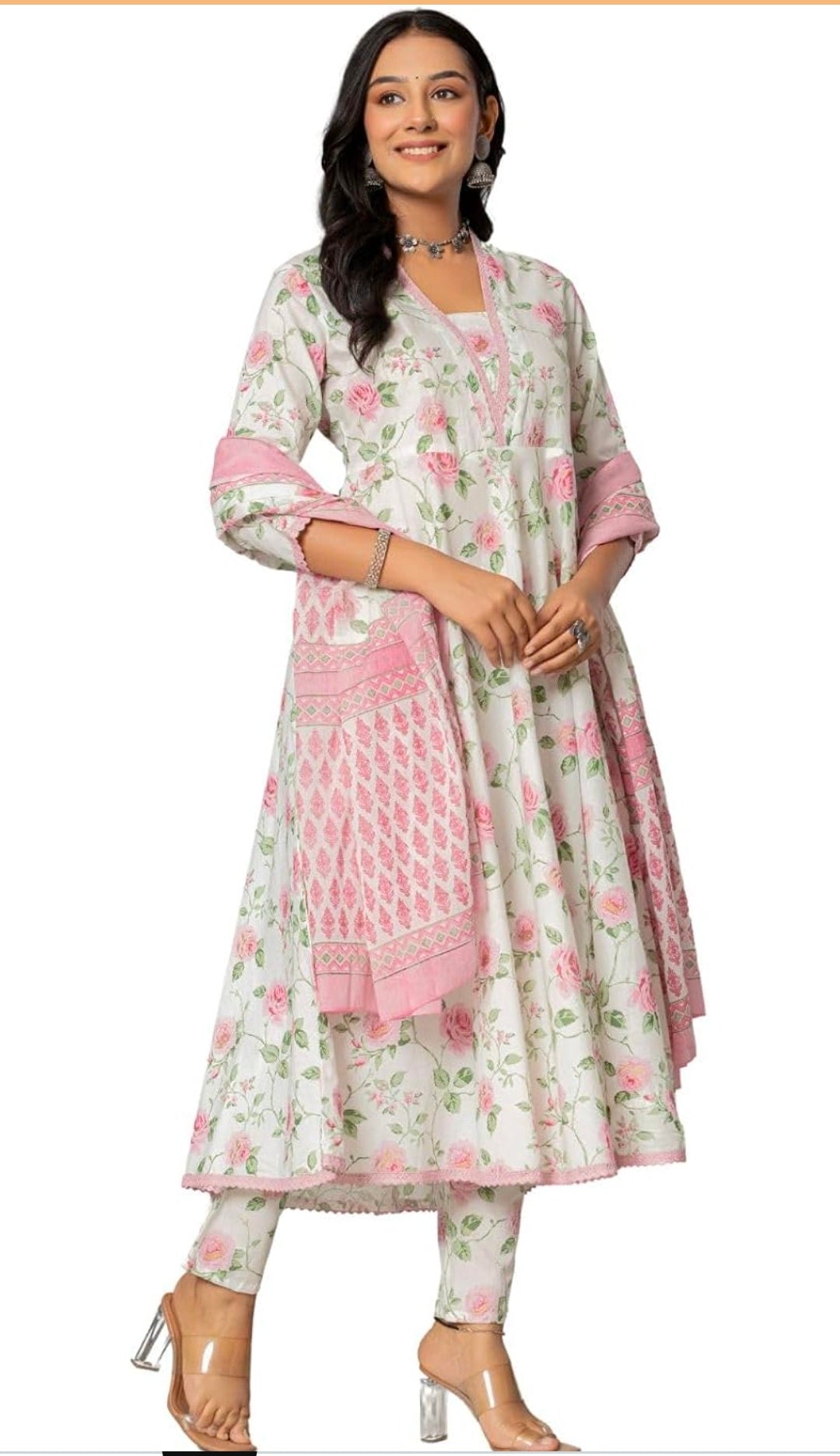 Amayra Women's Cotton Printed Anarkali Kurta with Palazzo Pants and Dupatta