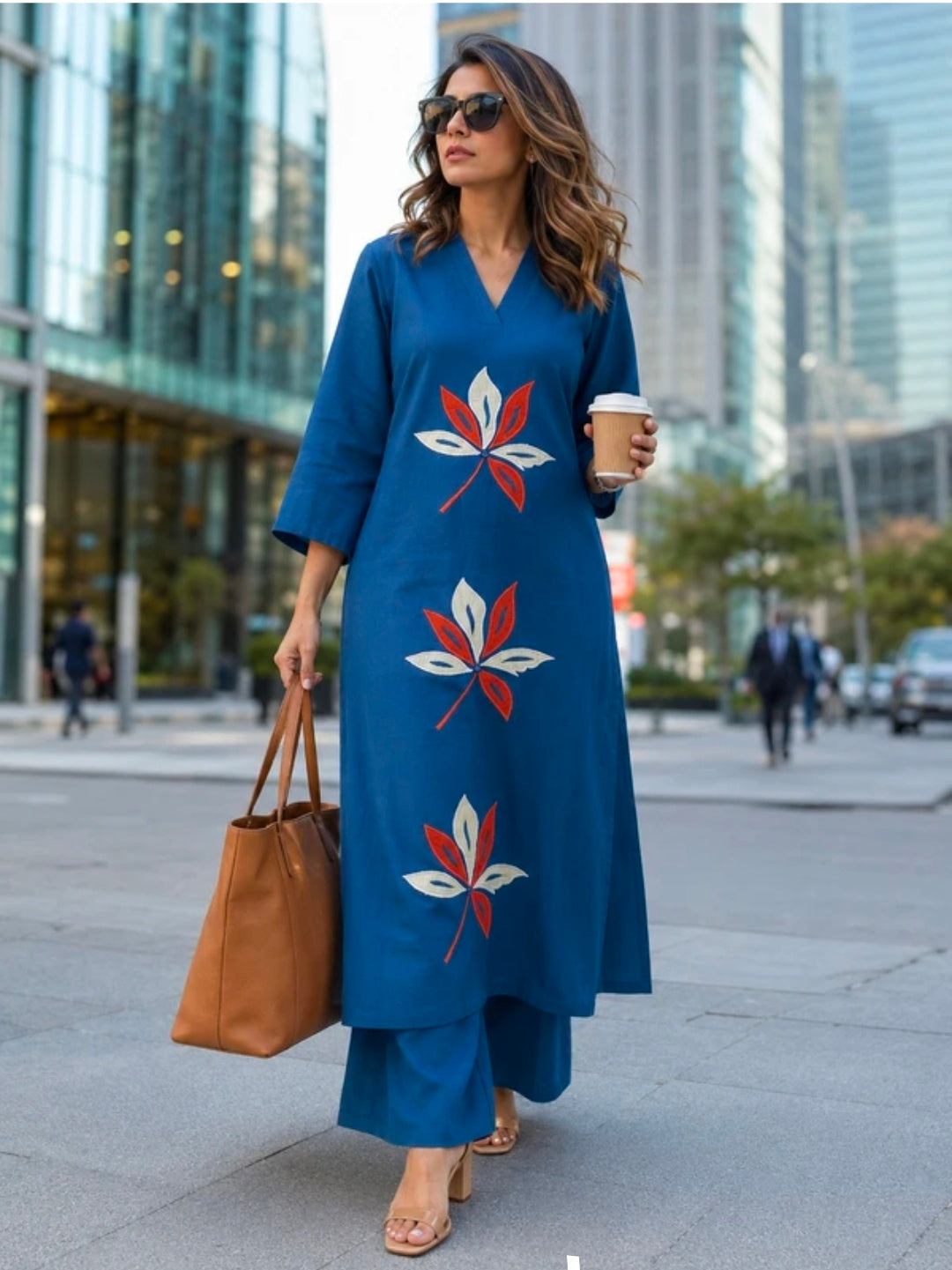 Women's Cotton Straight-Fit Kurta with V-Neck and Embroidered Palazzos Set | 2 Piece Casual Co-ord Set