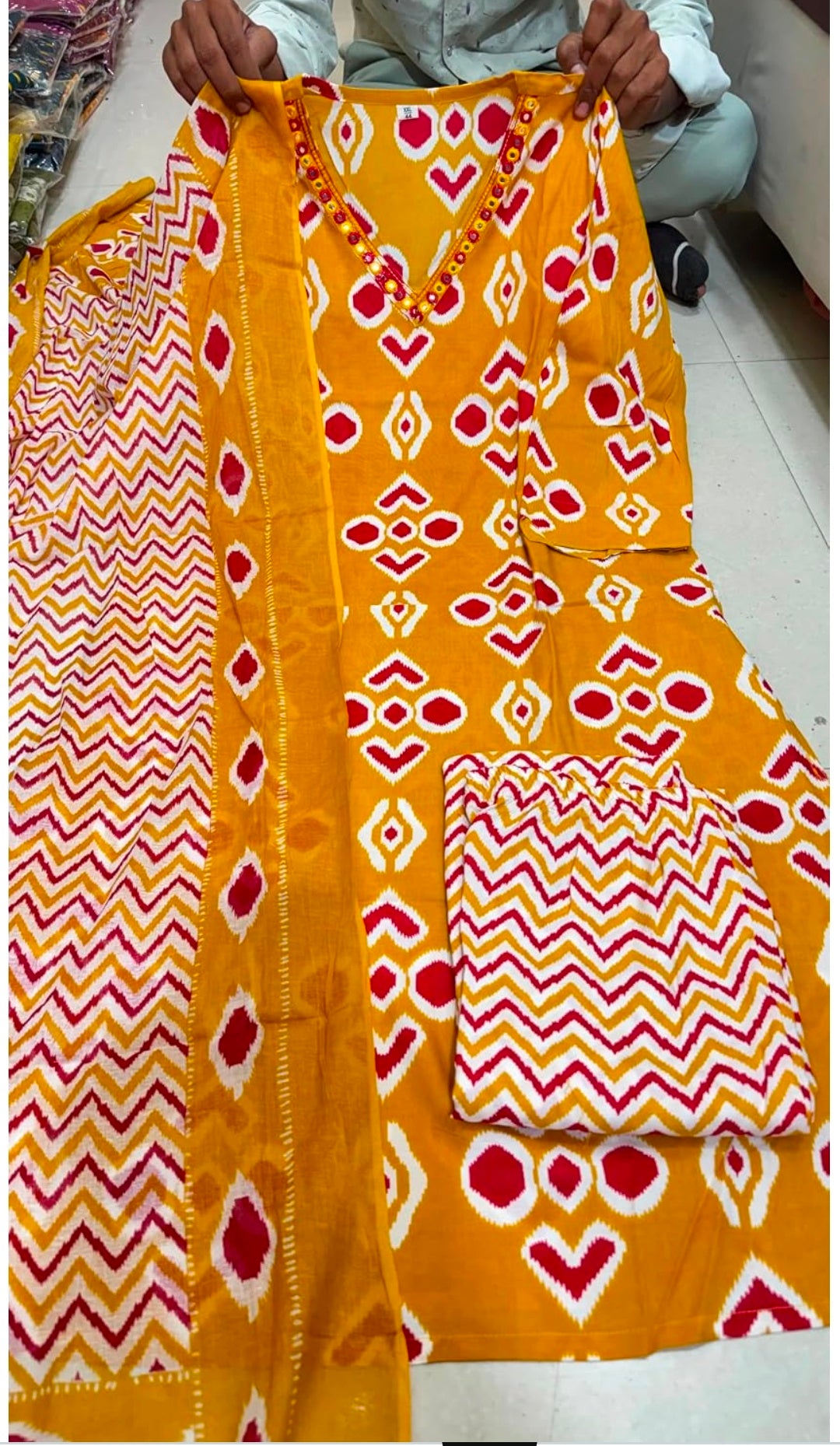 Women's Mustard Ikat Print Kurta with Pant and Dupatta Set