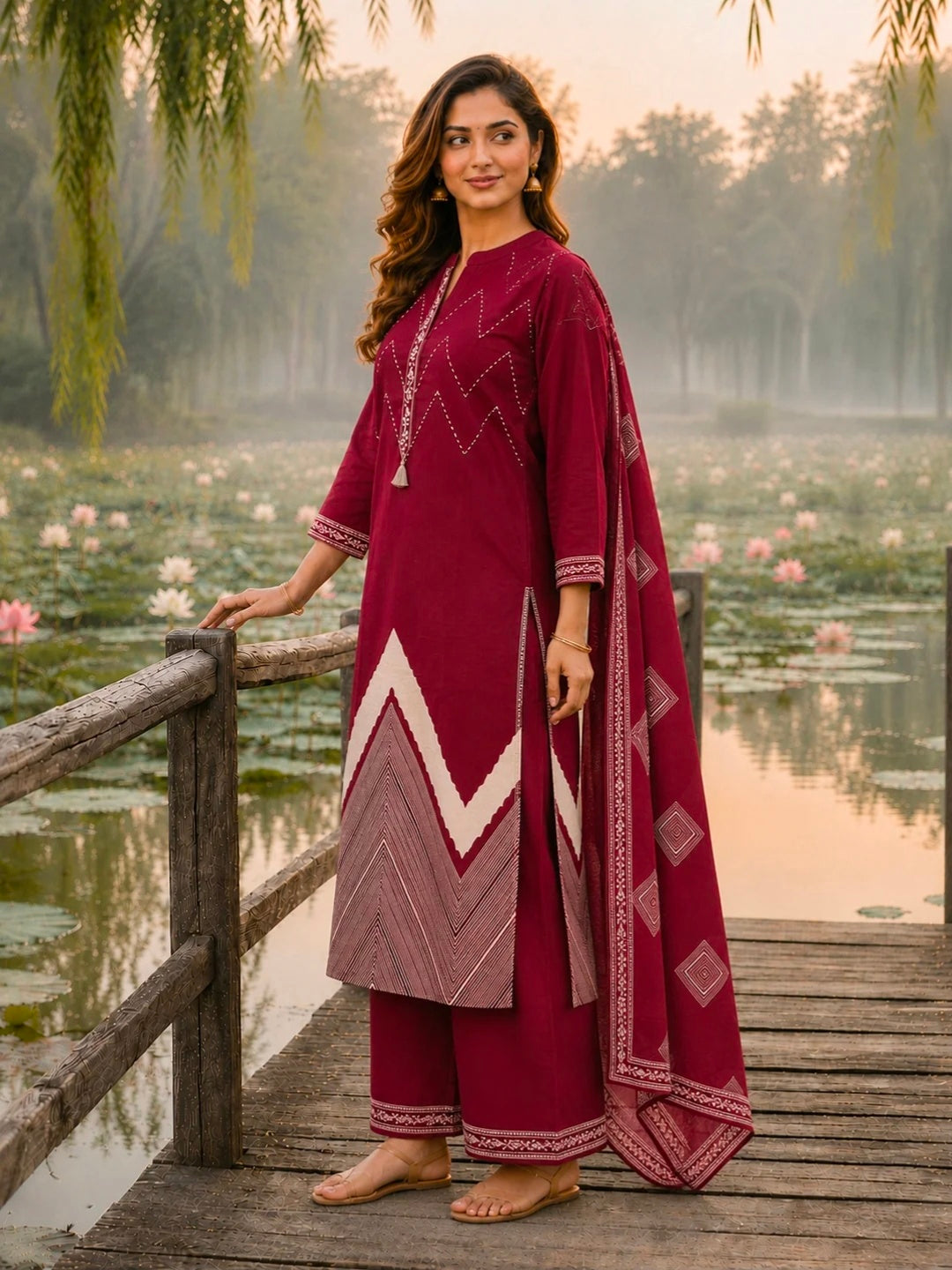 Berrylicious Women Pure Cotton  Printed & Hand Embroidered Kurta with palazzo & Dupatta