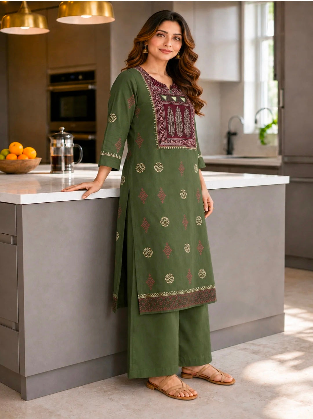 Berrylicious Women Cotton Ethnic Motif Printed Mirror Embroidered Straight Kurta with Palazzo Pants