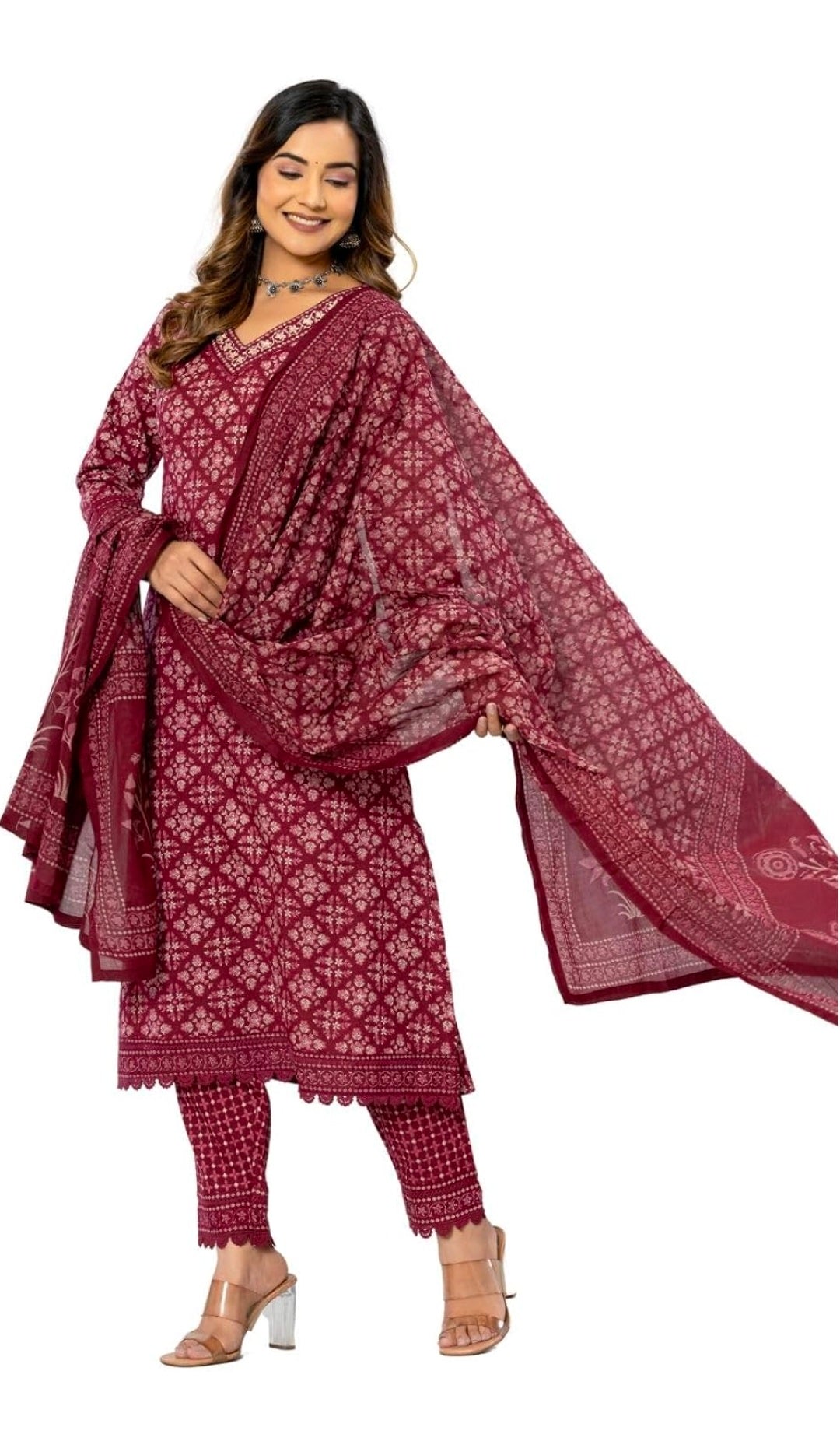 Amayra Women's Cotton Printed Straight Kurta with Pant and Dupatta Set