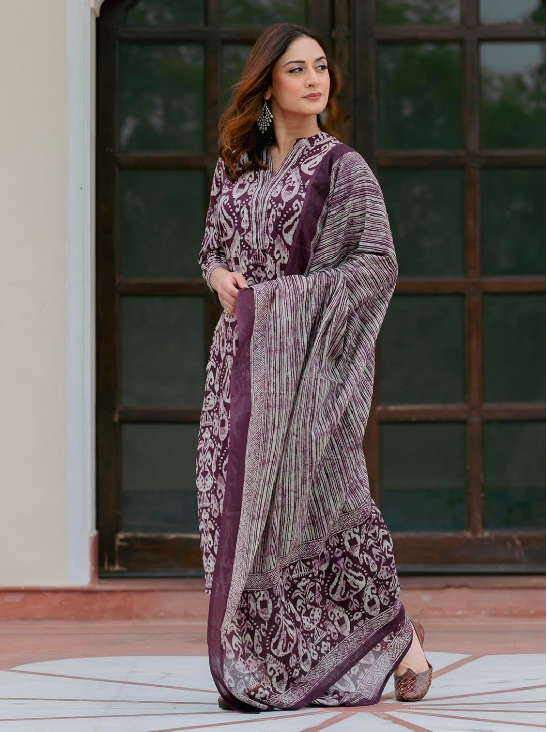 Arayna Women’s 100% Pure Cotton Ikat Printed Ethnic Straight Kurta Pant and Dupatta Set for Women