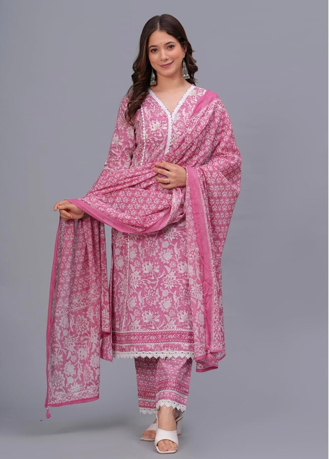 Amayra Women's Pure Cotton Printed Straight Kurta Set with Palazzo Pants & Dupatta- Ethnic Wear