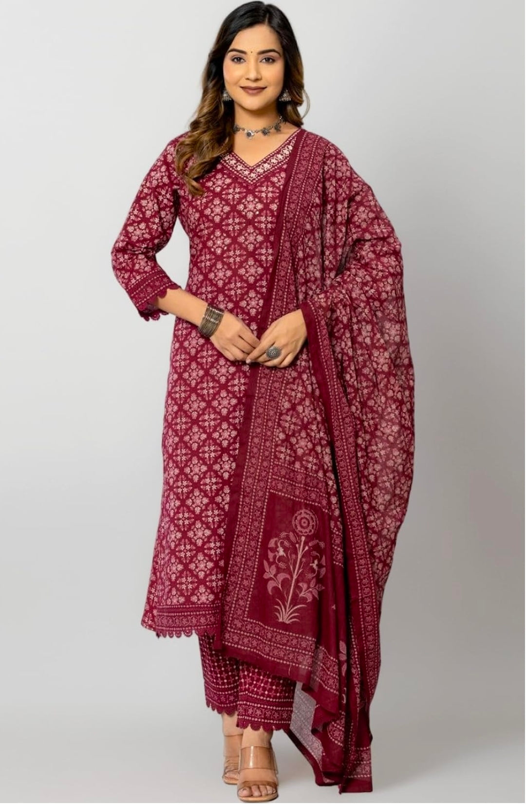 Amayra Women's Cotton Printed Straight Kurta with Pant and Dupatta Set
