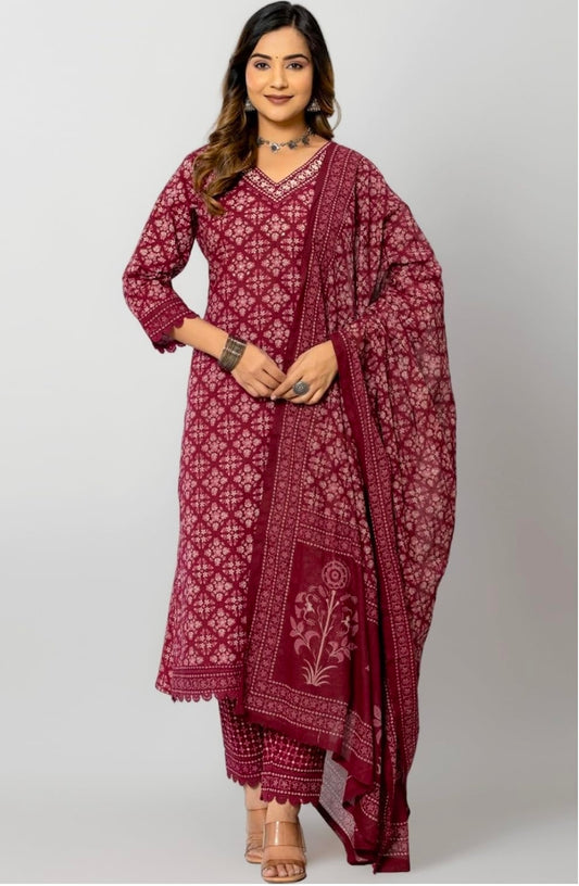 Amayra Women's Cotton Printed Straight Kurta with Pant and Dupatta Set