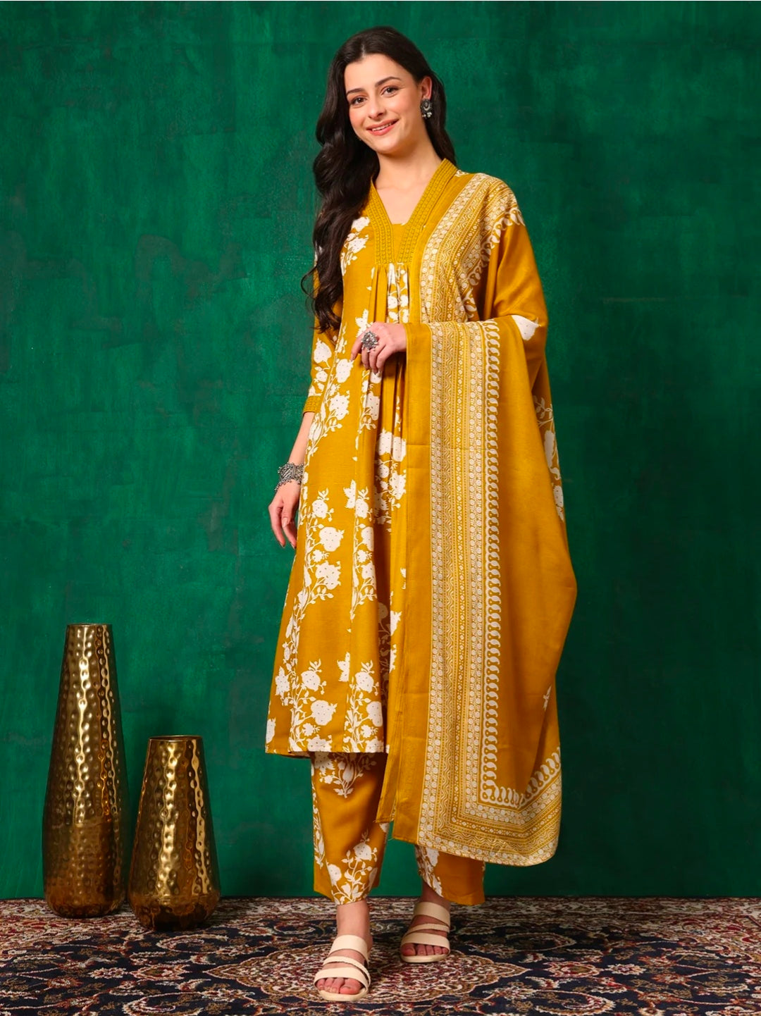 Embroidered & Printed Flared kurta with pant & Dupatta