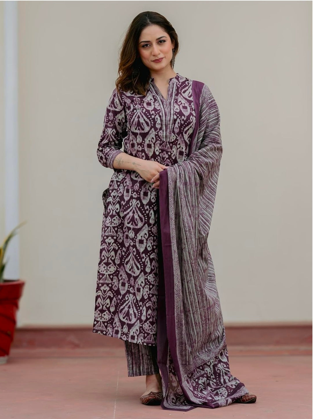Arayna Women’s 100% Pure Cotton Ikat Printed Ethnic Straight Kurta Pant and Dupatta Set for Women