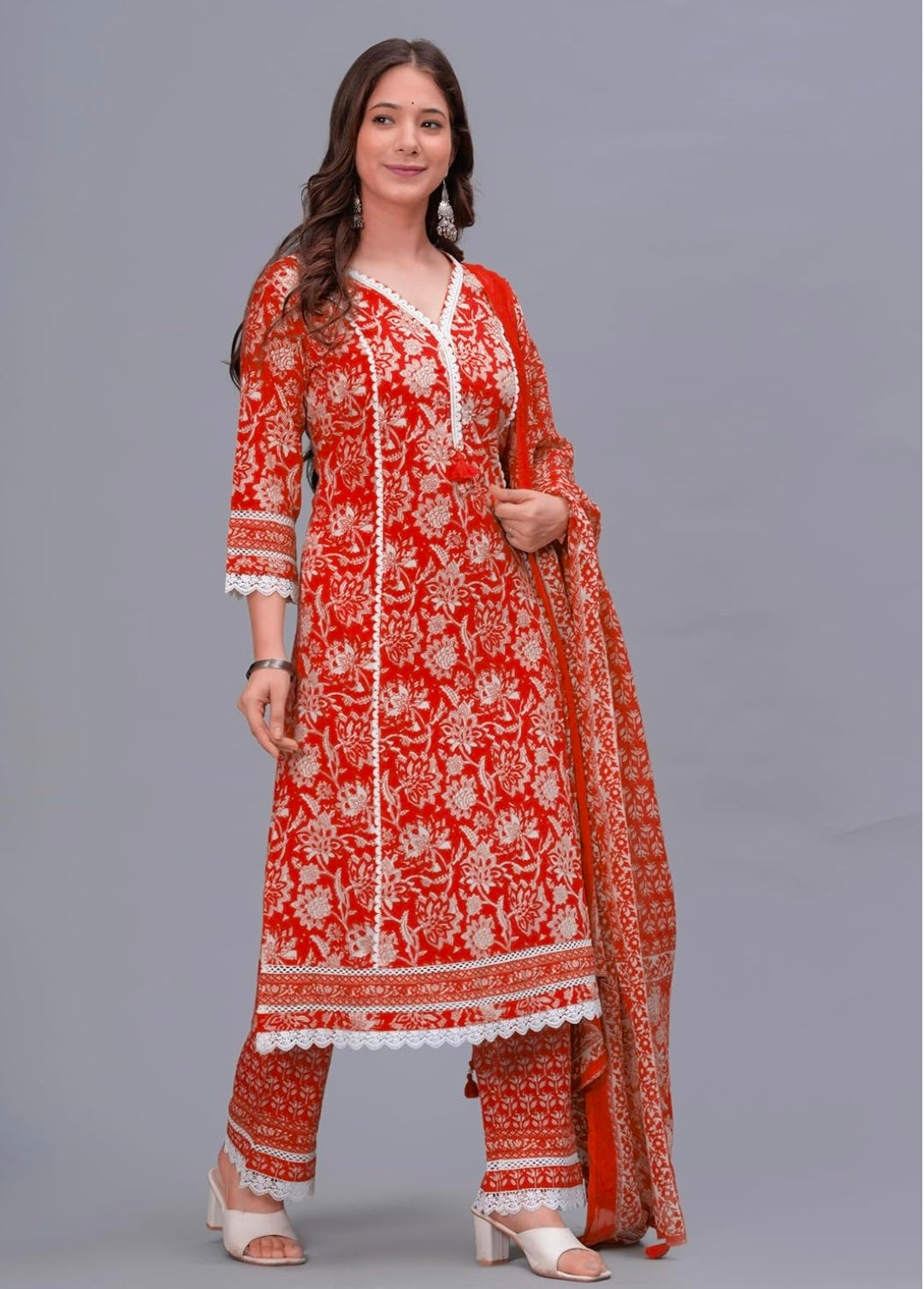 Amayra Women's Pure Cotton Printed Straight Kurta Set with Palazzo Pants & Dupatta- Ethnic Wear