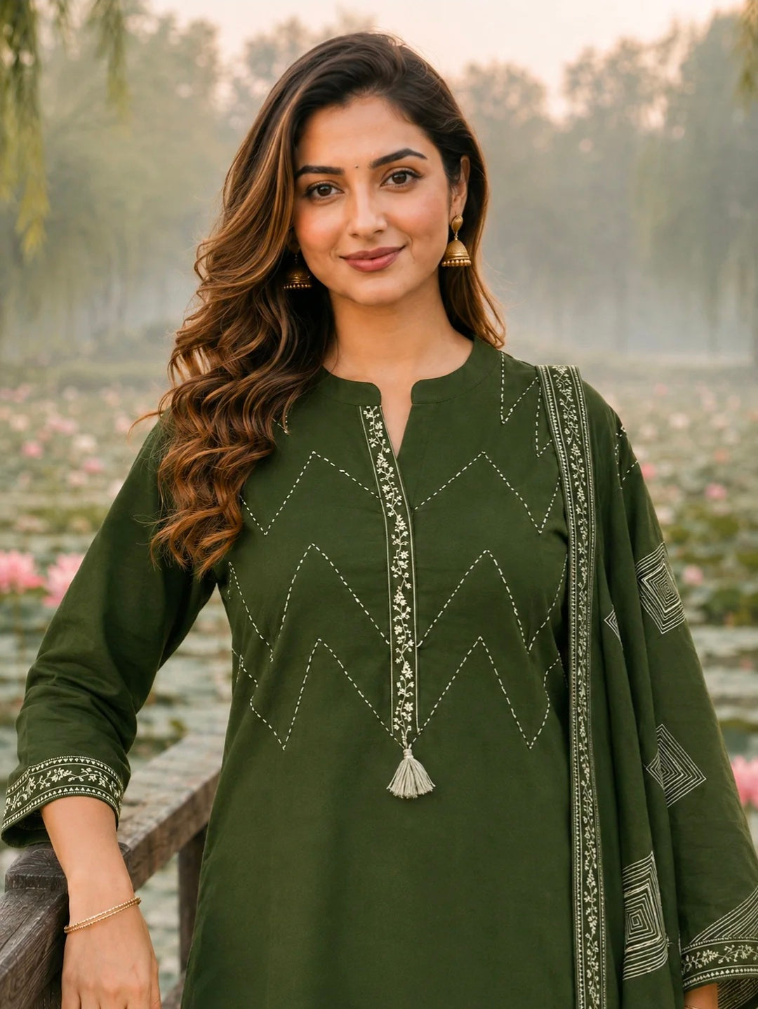 Berrylicious Women Pure Cotton  Printed & Hand Embroidered Kurta with palazzo & Dupatta