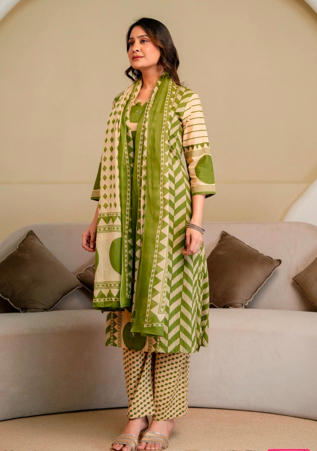 Berrylicious Women Cotton Geometric Printed Straight Kurta Set with Mirror Embroidery & Dupatta