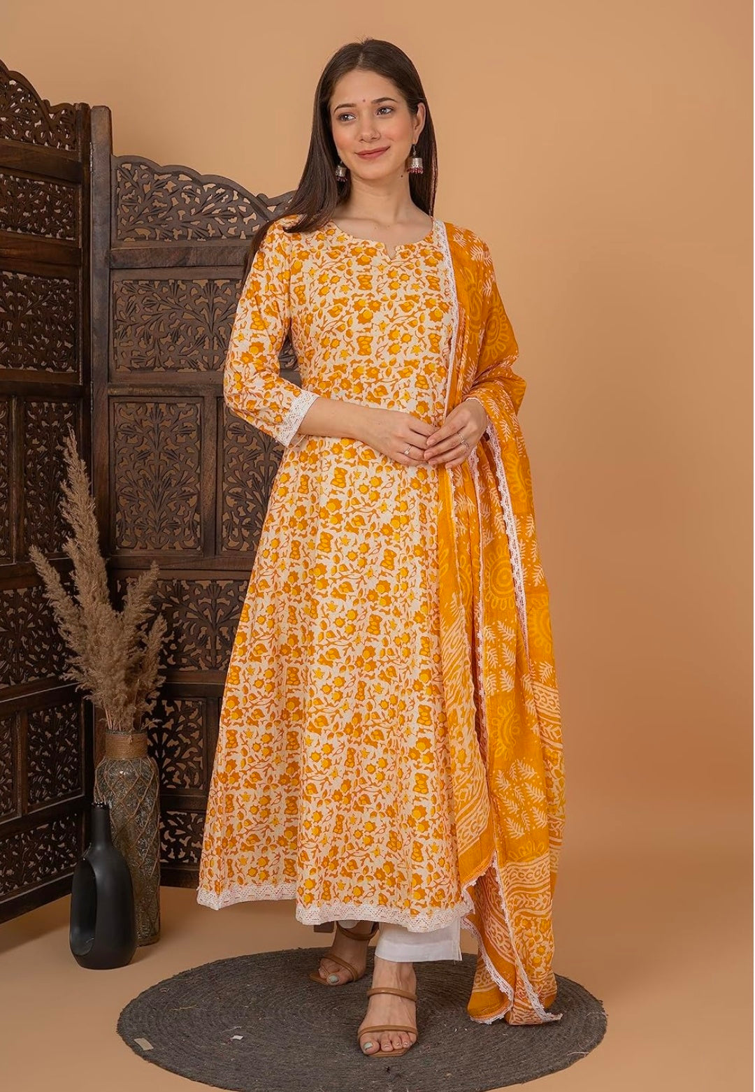 Pure Cotton Printed Anarkali Kurta with Palazzo & Dupatta Set