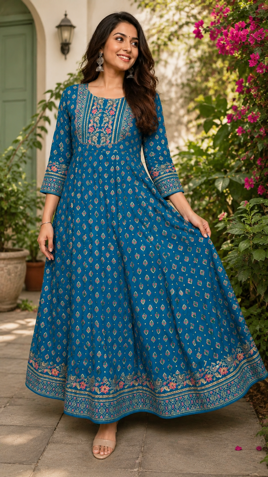 ISHIN Women's Teal Rayon Kurta Straight Cut