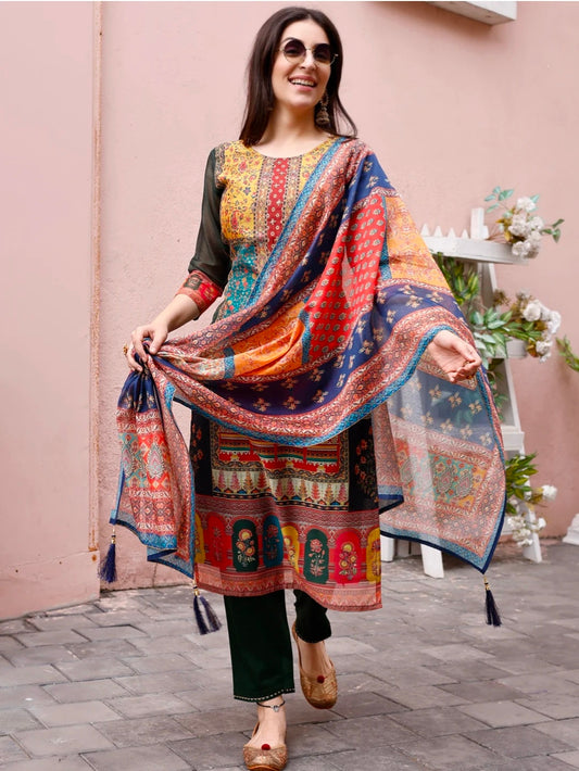 Printed Chanderi Kurta with pant & dupatta