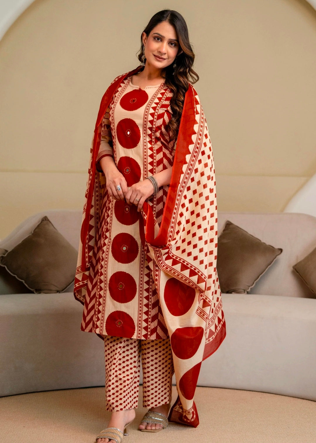Berrylicious Women Cotton Geometric Printed Straight Kurta Set with Mirror Embroidery & Dupatta