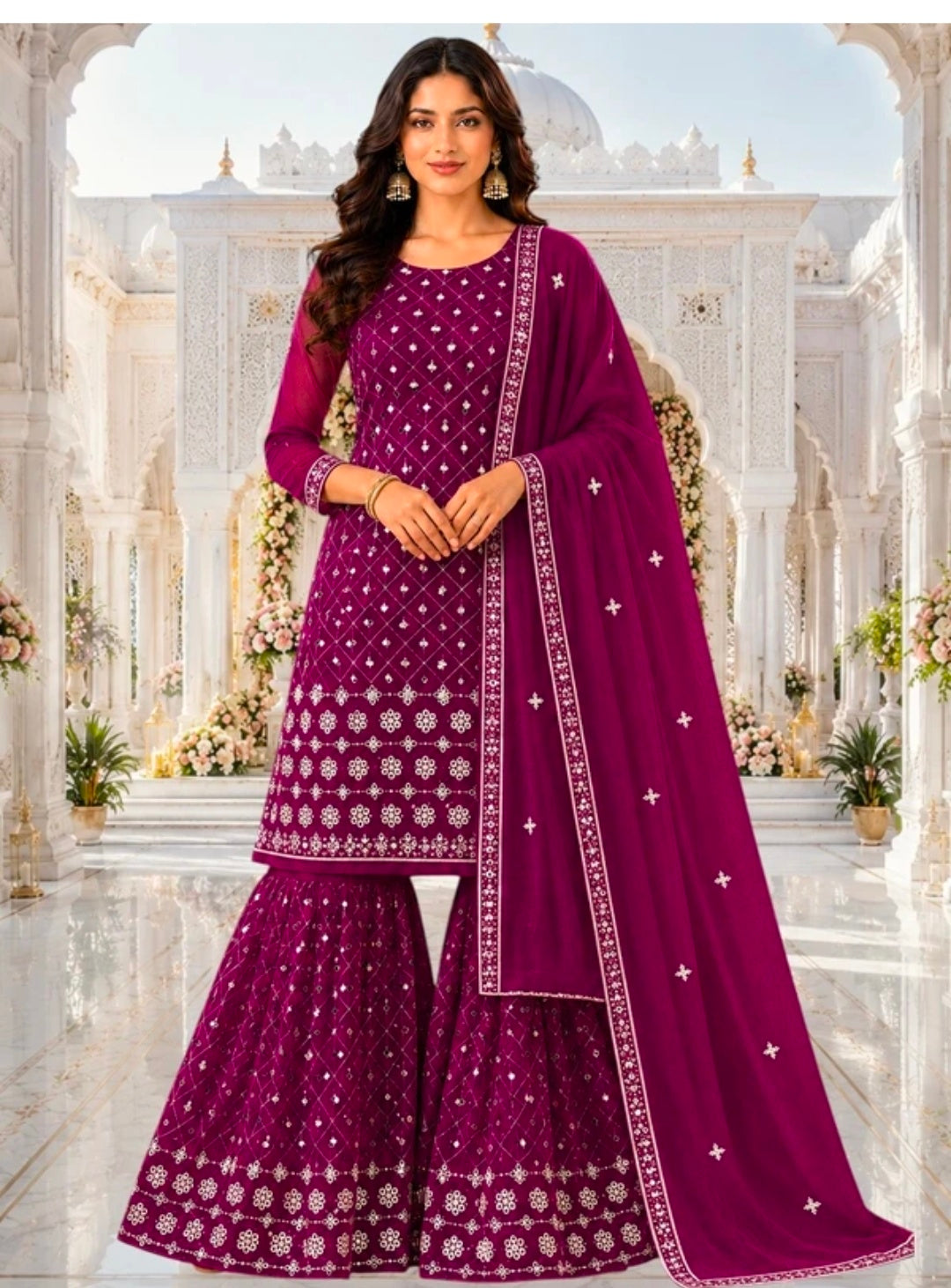 Women's Georgette A-line Kurta Sharara & Dupatta Set | Embroidered Sequenced Mirror Work