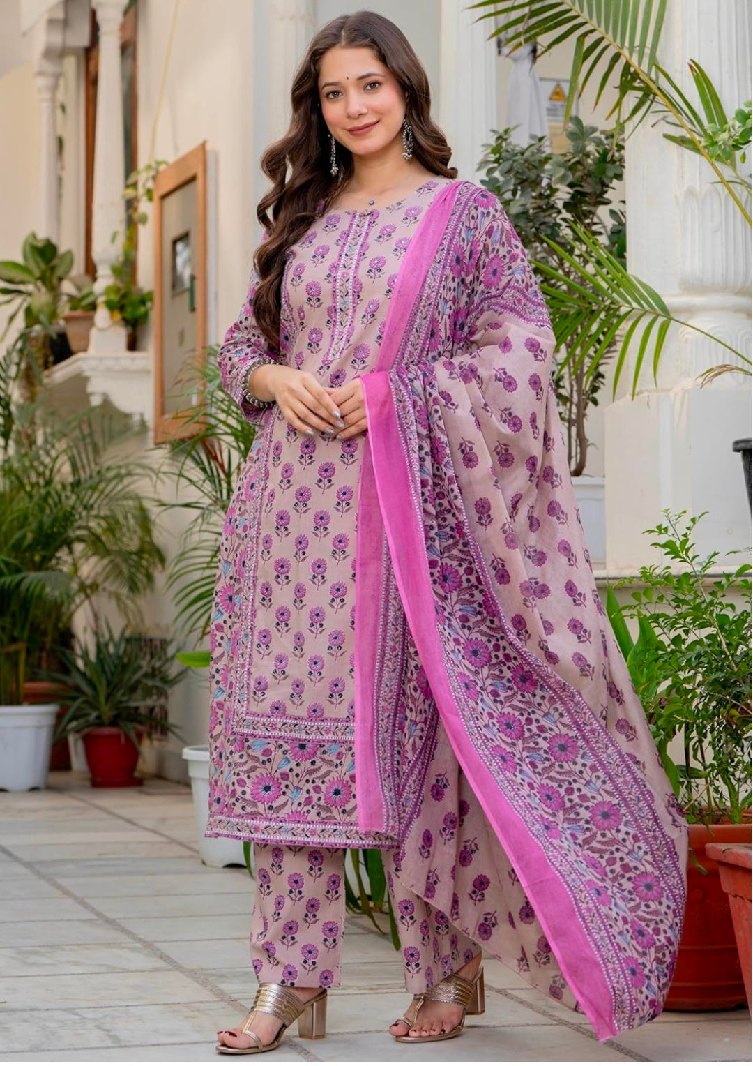 Amayra Women's Pure Cotton Straight Kurta Set with Palazzo Pants & Dupatta|Kurta Set for Women
