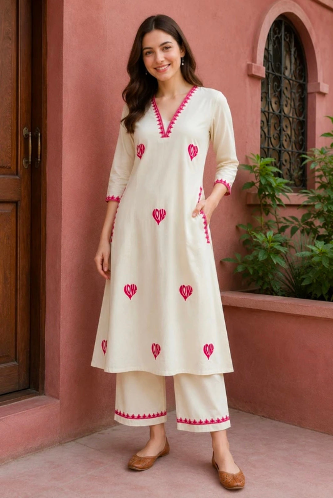 Women's Pure Cotton A-Line Kurta Palazzo Pant Set | Embroidered Ethnic Motifs Style