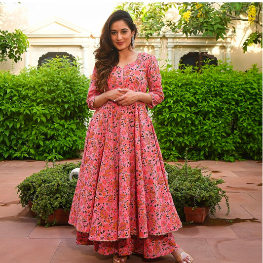 Arayna Women's Cotton Printed Anarkali Kurti with Palazzo Pants Set, Floral