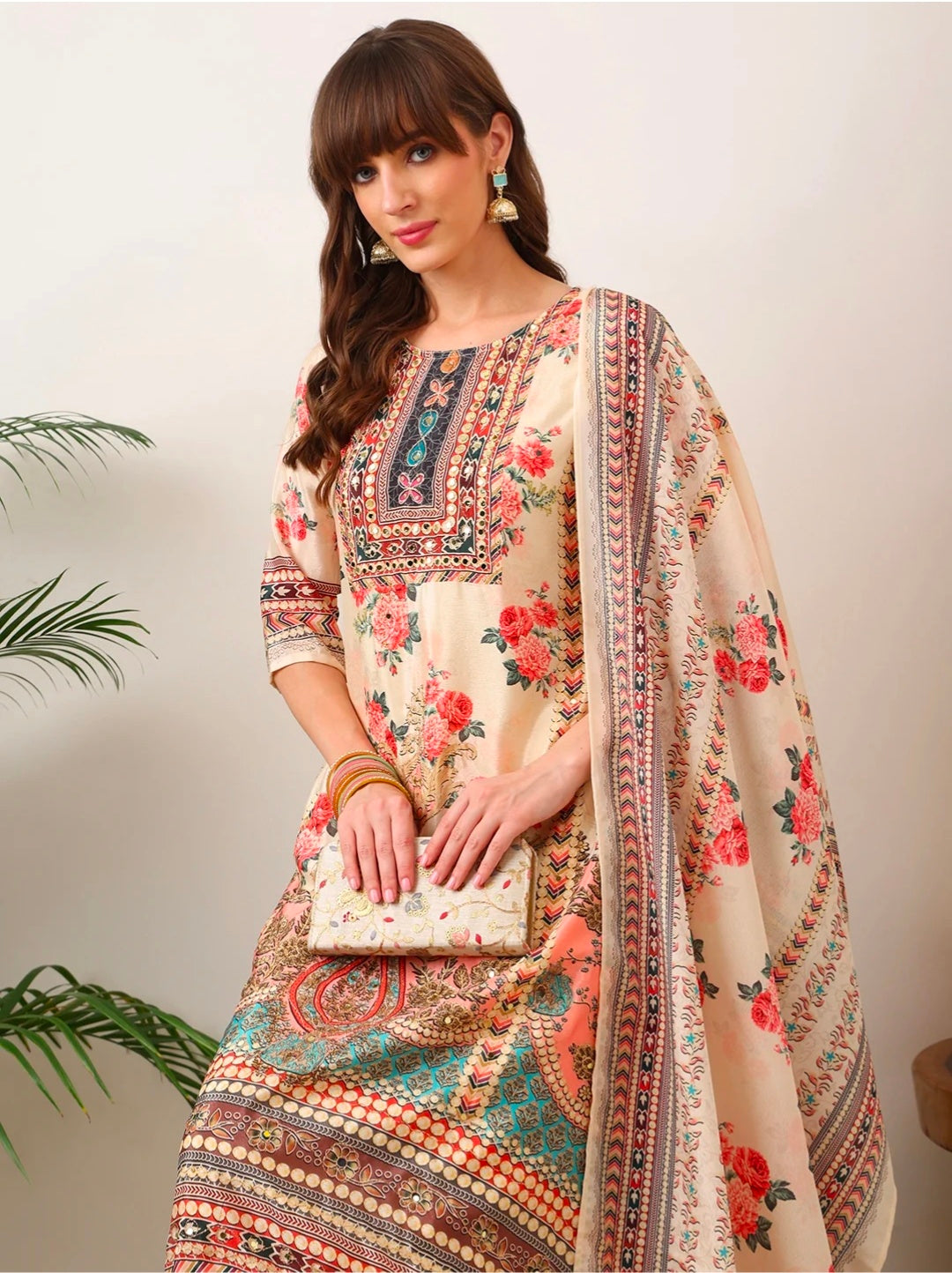 Embroidered & Printed Asymmetric Kurta with Palazzo & Printed Dupatta