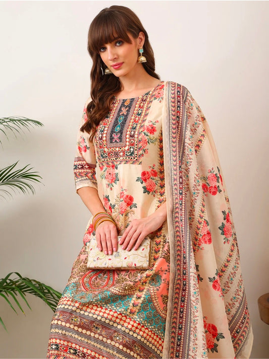 Embroidered & Printed Asymmetric Kurta with Palazzo & Printed Dupatta