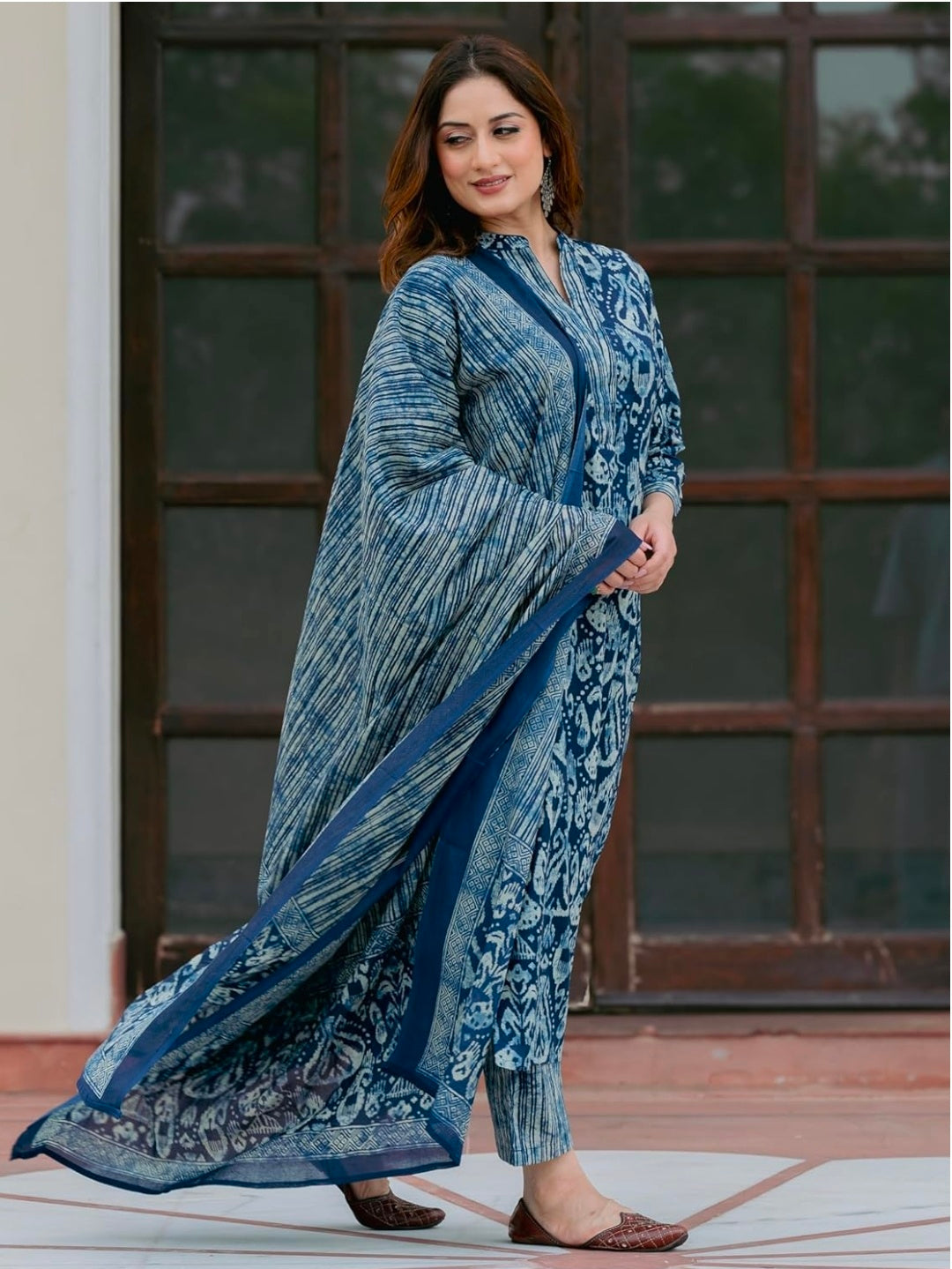 Arayna Women’s 100% Pure Cotton Ikat Printed Ethnic Straight Kurta Pant and Dupatta Set for Women