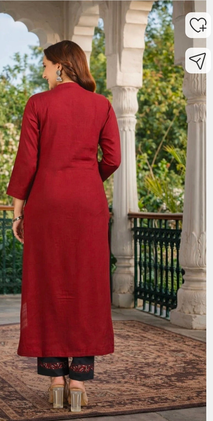 Jaipuri Bunaai Maroon Black Embroidered Viscose Rayon Kurta Palazzo Dupatta Set