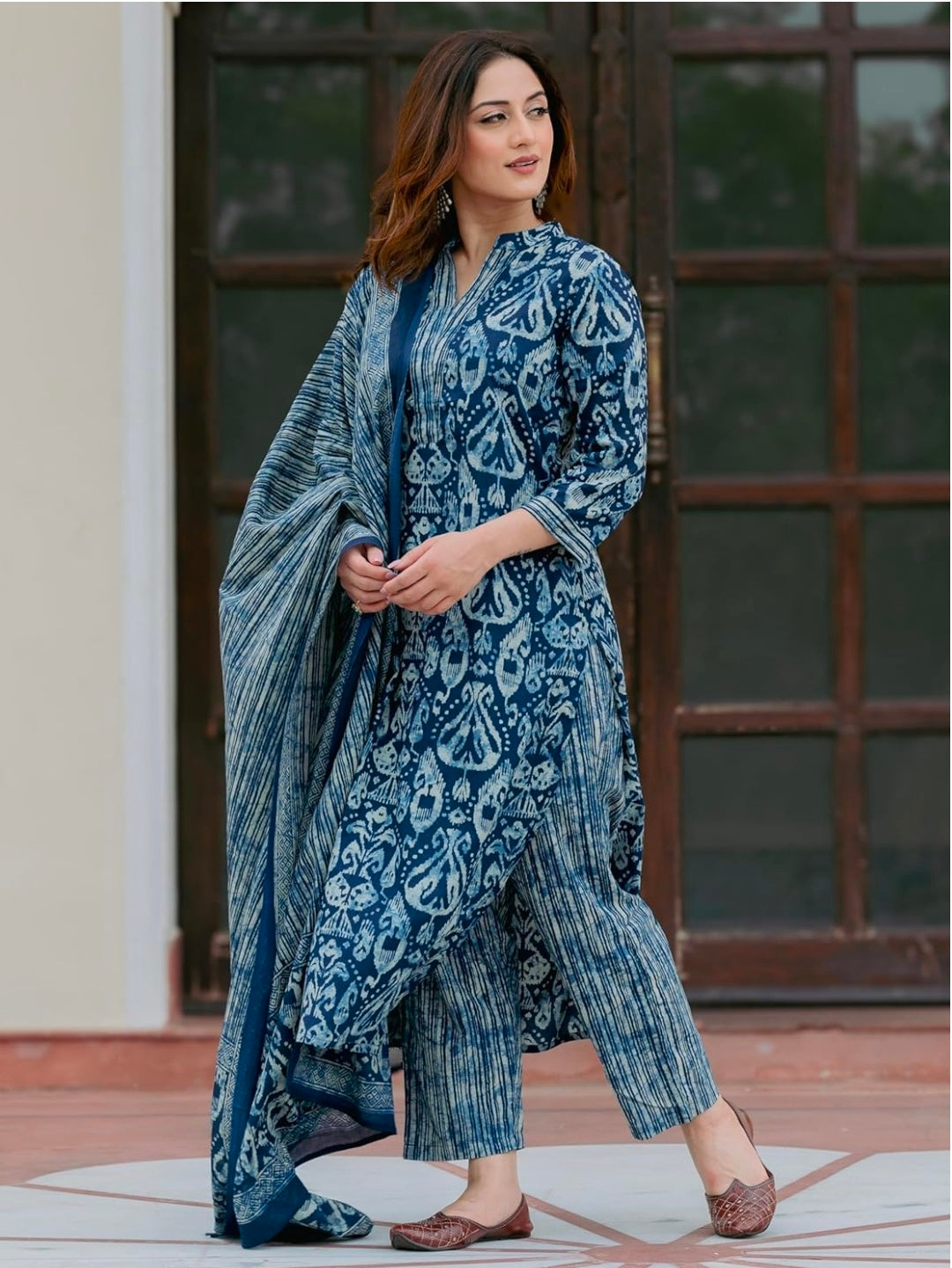Arayna Women’s 100% Pure Cotton Ikat Printed Ethnic Straight Kurta Pant and Dupatta Set for Women