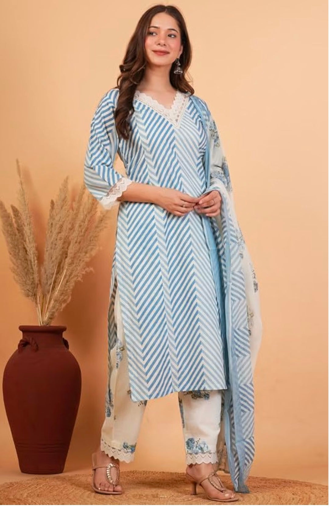 Rytras Women Pure Cotton Printed Straight Kurta Set with Palazzo pants & dupatta|Ethnic wear|Kurti Suit Set for Women