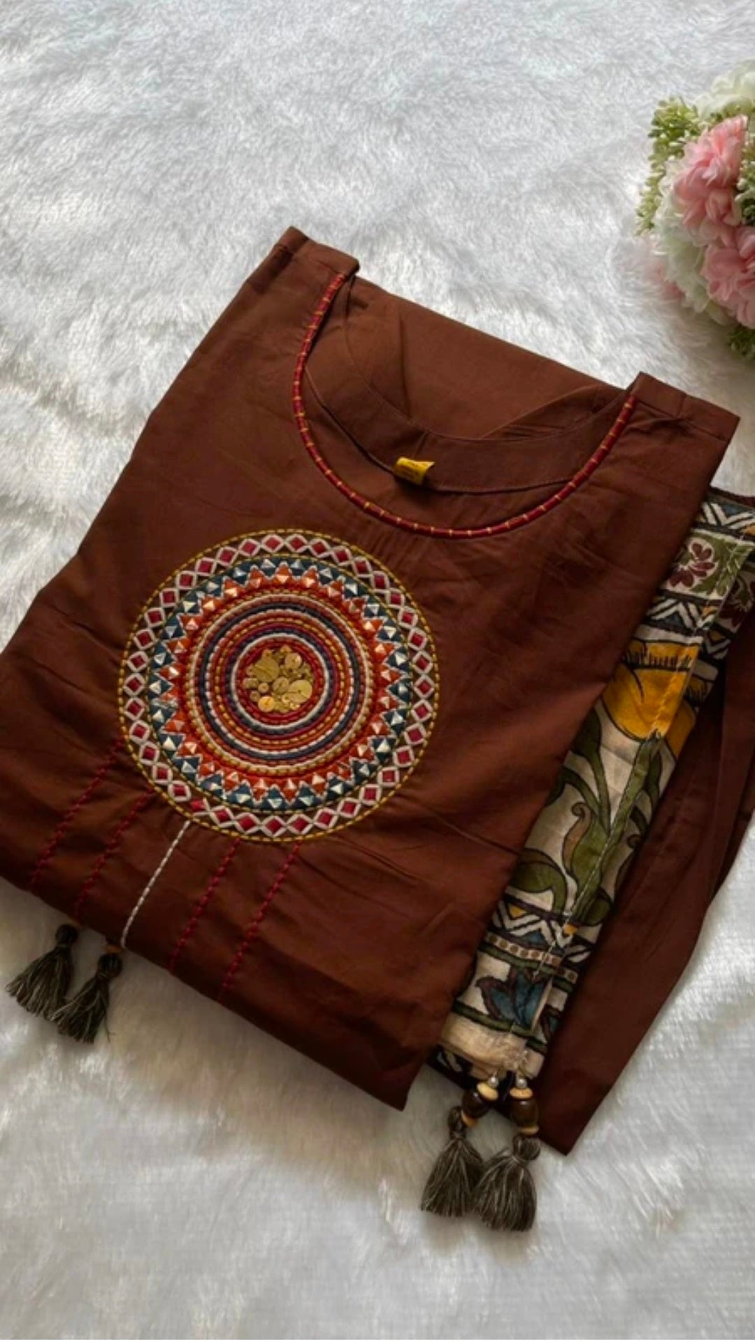 Women's Pure Cotton Straight Kurta Pant Dupatta Set | Ajrakh Embroidered Style