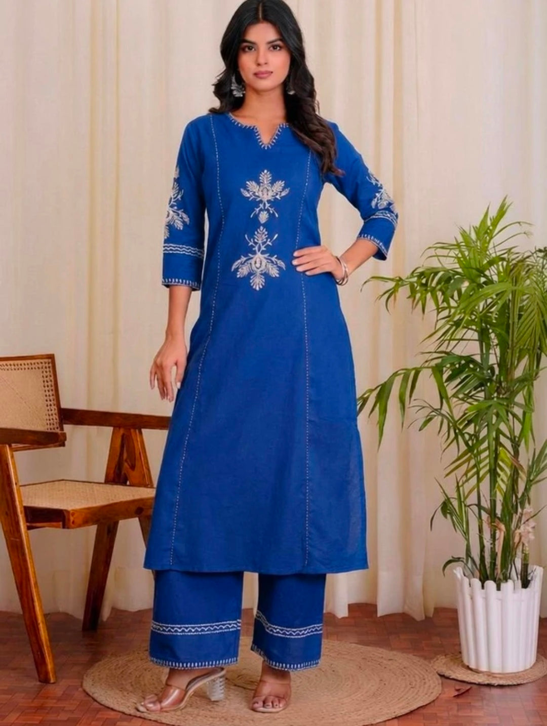 Women's White Khadi Cotton A-Line Kurti Palazzo set