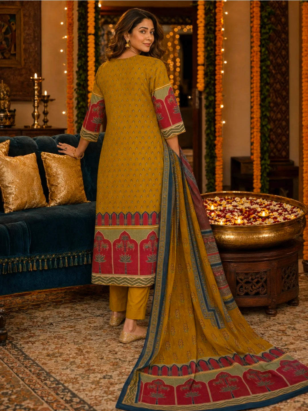 Berrylicious Women Cotton Printed & Bead Embroidered Kurta With Pant & Dupatta