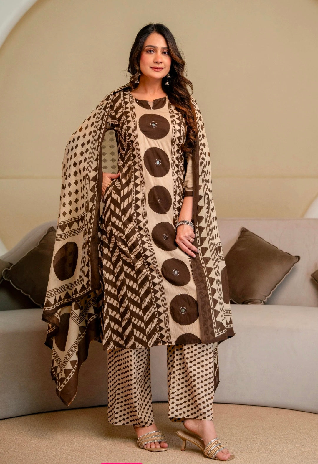 Berrylicious Women Cotton Geometric Printed Straight Kurta Set with Mirror Embroidery & Dupatta