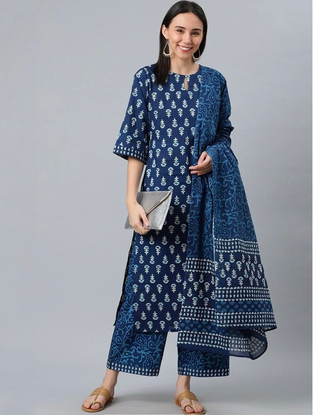 Amayra Women's Cotton Printed Straight Kurta with Palazzos and Dupatta Set