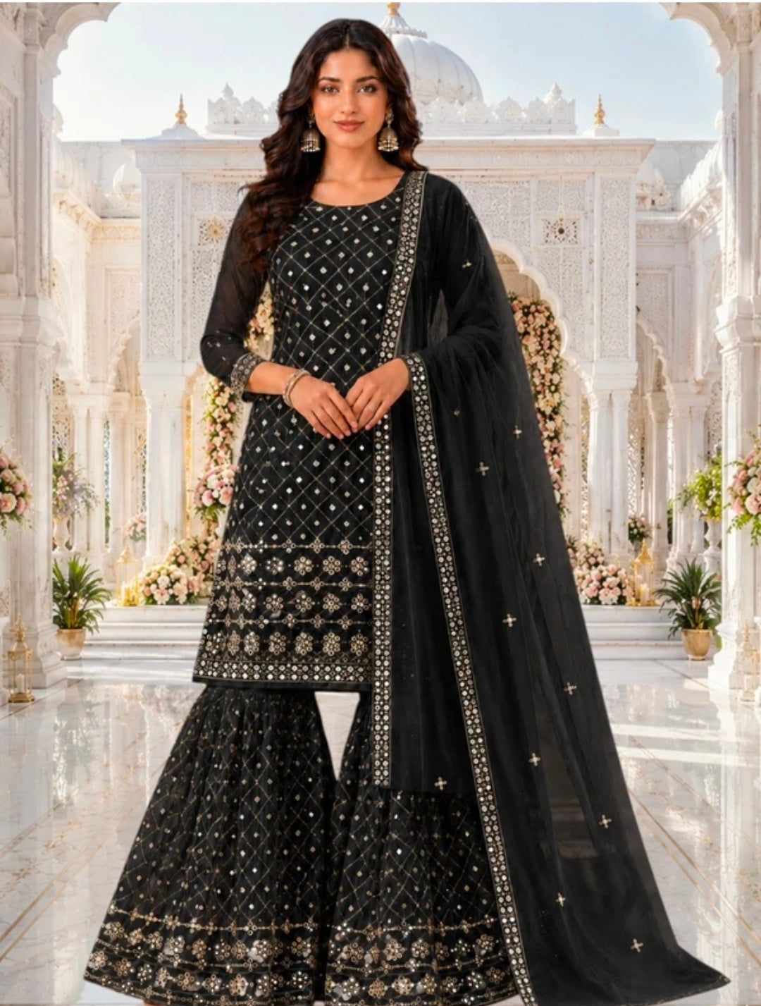 Women's Georgette A-line Kurta Sharara & Dupatta Set | Embroidered Sequenced Mirror Work