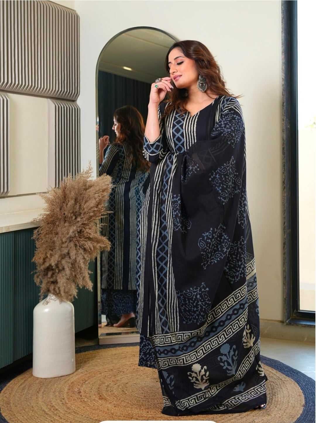 Arayna Women's Pure Cotton Hand Block Printed Style Ethnic Kurta Set with Dupatta | Black & Indigo
