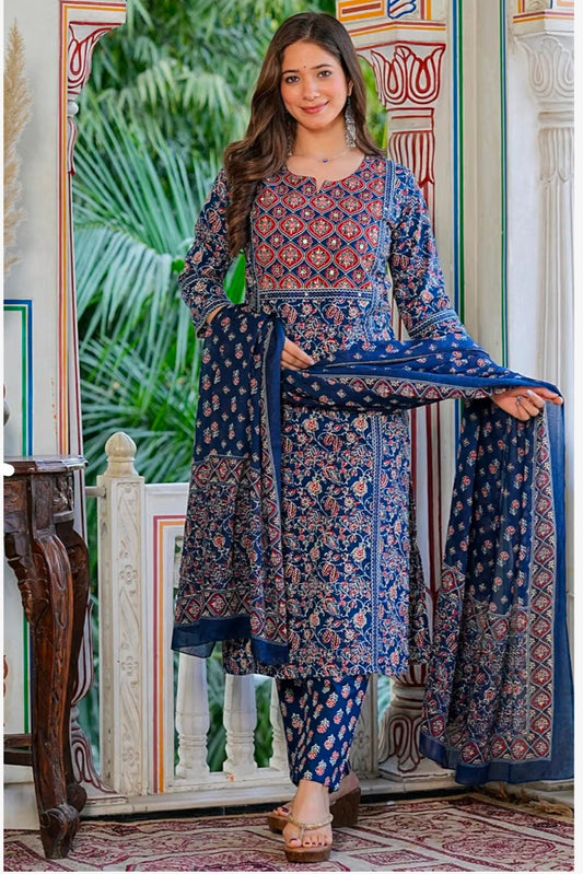 Pure Cotton Printed Straight Kurta Set with Palazzo Pants & Dupatta